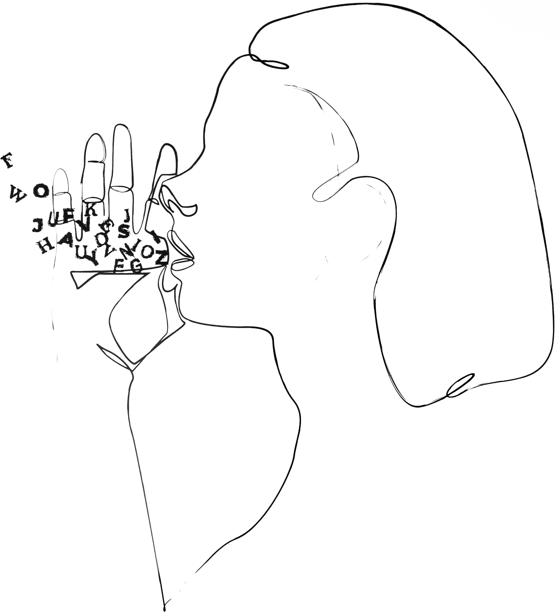 Illustration von Buchstabensalat der aus dem Mund einer Frau heraus kommt